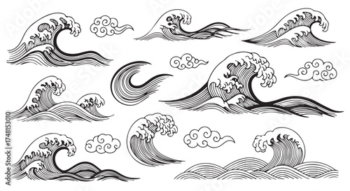 Collection of japanesestyle wave and cloud illustrations in black ink on transparent background