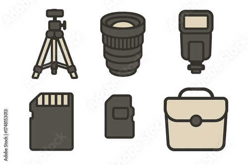 Essential photography equipment including tripod, lens, flash, memory cards, and camera bag