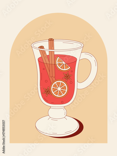Vector illustration of mulled wine in glass with orange slices, cinnamon sticks and star anise. Cozy warm winter drink for Christmas and holiday design.