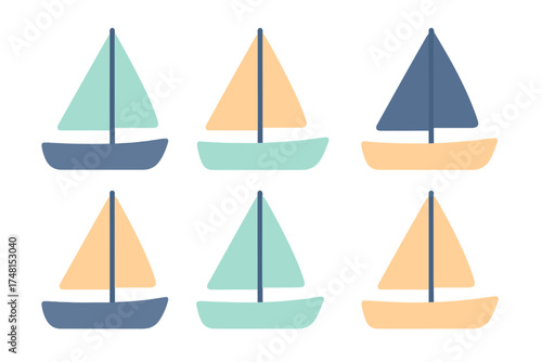 Seamless pattern of stylized sailboats with colorful sails and hulls on a nautical background