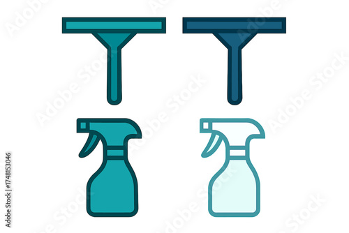Household cleaning equipment symbols set featuring squeegees and chemical spray bottles