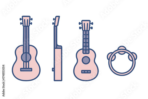 Minimalist set of musical instruments featuring ukuleles and a handheld tambourine