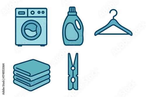 Set of laundry items including washing machine, detergent bottle, hanger, folded towels, and clothespin