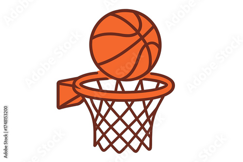 Orange basketball dropping into the net of a basketball hoop scoring a point