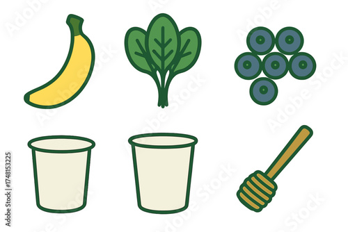 Icons of banana spinach blueberries cups and honey dipper for making healthy smoothies