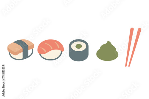 Minimalist set of Japanese sushi rolls nigiri wasabi and pink chopsticks