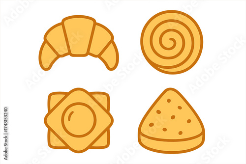 Simple outline icons of sweet breakfast pastries including croissant and cinnamon roll