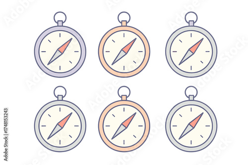 Six simple compass icons in various colors representing travel and directional guidance