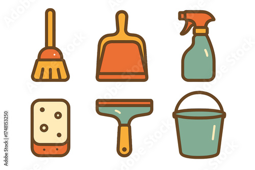 Retro household cleaning tools icons collection (broom, dustpan, spray bottle, sponge, squeegee)