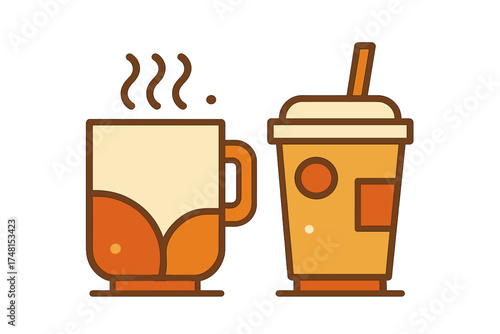 Steaming hot coffee mug next to a cold iced beverage cup with straw for drink menu