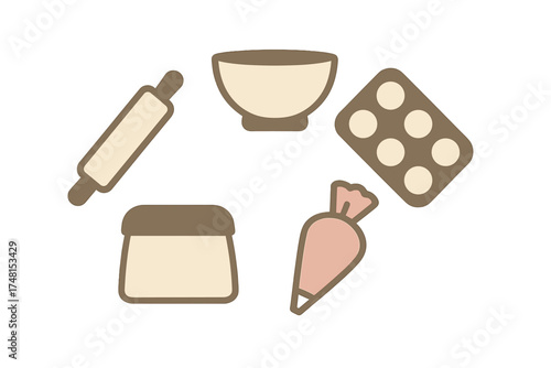 Essential baking tools collection with rolling pin, mixing bowl, muffin tin, and piping bag
