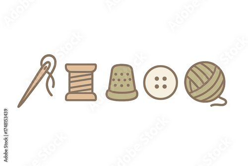 Essential sewing and knitting tools collection featuring needle, thread, thimble, button, and yarn ball