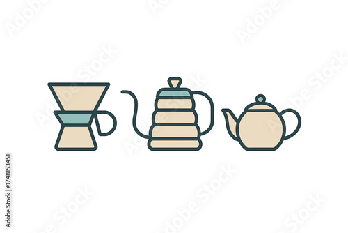 Minimalist set of coffee brewing and tea serving utensils including a pour-over dripper, gooseneck kettle, and teapot