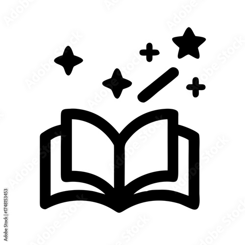 Open book with stars and magic wand