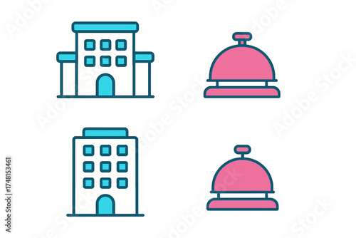 Modern colorful set of hotel buildings and reception service bells for hospitality industry