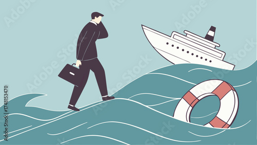 Businessman walking on stormy waves sinking ship lifebuoy crisis risk failure challenge overcoming adversity.