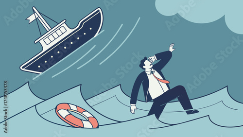 Businessman Struggling in Stormy Seas Sinking Ship Life Preserver Financial Crisis Risk Danger Illustration.