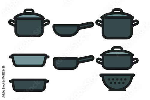 Essential kitchen cookware set featuring various pots, frying pans, baking trays, and a colander