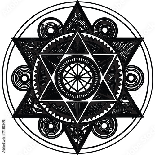 Intricate geometric star design isolated on white background, featuring overlapping triangles and circular patterns in monochrome