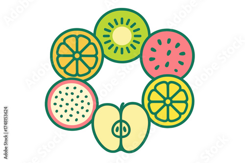 Brightly colored cross sections of tropical and temperate fruits arranged in a circular pattern