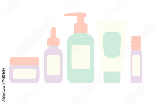 Set of minimalist pastel cosmetic and skincare product containers for beauty concepts