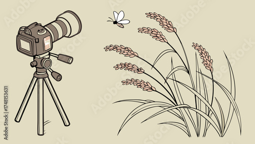 Camera on a Tripod Photographing Grass and Insect Illustration Nature Photography Concept Graphic Design Element.