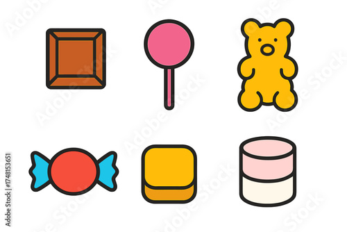 Colorful set of six different sweet treats including chocolate, lollipop, gummy bear, and wrapped candy icons
