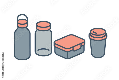 Collection of reusable containers for food and drink promoting sustainable zero waste lifestyle