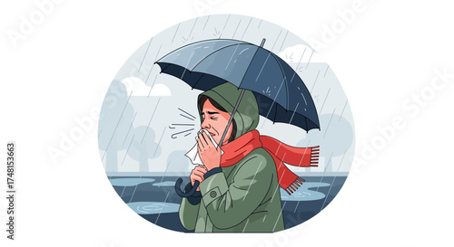Woman with Cold in Rainy Weather Illustration of Person Holding Umbrella and Using Tissue Due to Sickness