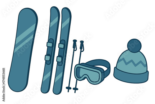 Set of winter sports equipment including snowboard, alpine skis, poles, goggles, and warm knit hat