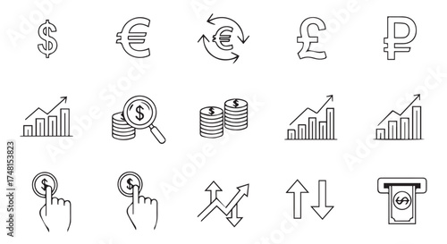 Collection of financial icons including currency symbols, graphs, and atm, isolated on transparent background