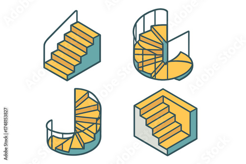 Architectural isometric staircase design set featuring straight steps and spiral stairs