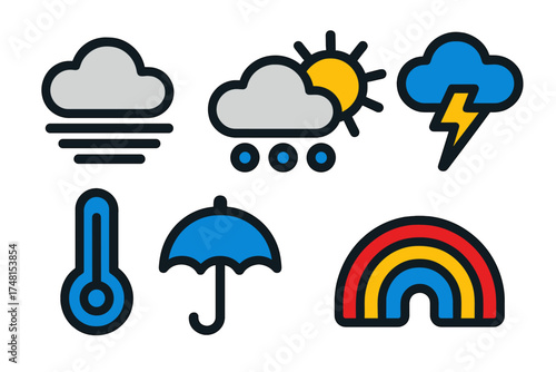 Colorful set of weather forecast symbols including sun, rain, lightning, fog, temperature, and rainbow icons