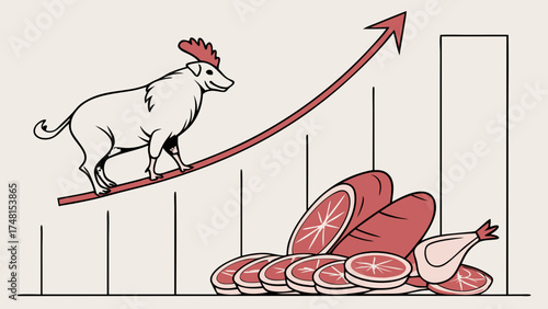 Cartoon illustration of poultry meat production increase graph chart showing growth farm animal walking upward trend meat slices food industry business success vector graphic.