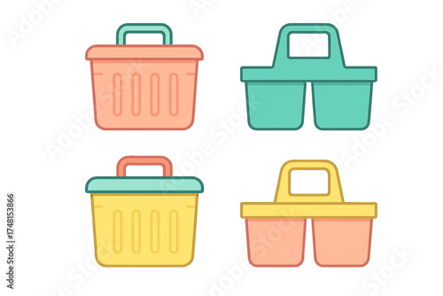 Colorful plastic utility caddies and storage baskets with handles for cleaning supplies