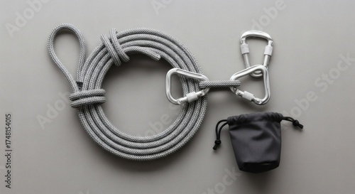 A durable grey utility rope coiled neatly with multiple aluminum carabiner clips and a compact storage pouch on a flat lay background