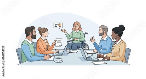 Inclusive workplace concept showing a diverse team in a business meeting with a woman with a disability in a wheelchair leading the presentation
