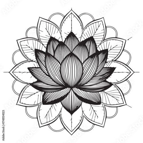 Elegant lotus flower illustration isolated on white background, showcasing delicate petals and circular arrangement in monochrome style