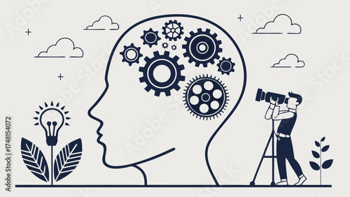 Conceptual illustration Mind gears ideas and photography.