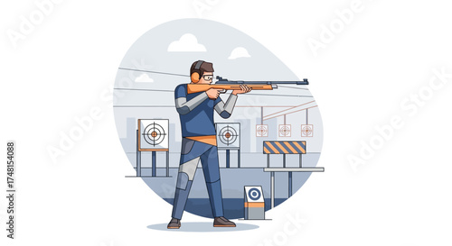 Vector illustration of a sportsman with a rifle aiming at a target, showcasing precision and focus in a shooting range