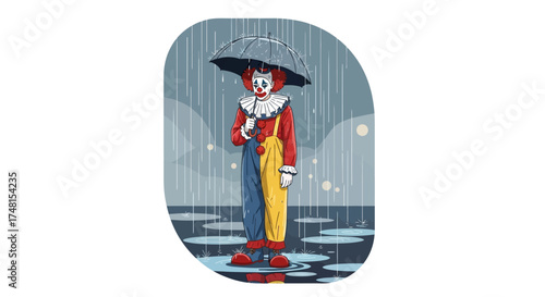 Heartbroken and lonely circus clown character in a colorful costume standing sadly under an umbrella during a rainstorm