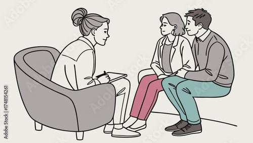 Couple in therapy session with counselor illustration mental health relationship advice marriage counseling psychologist therapist consultation support discussion problem solving commu.