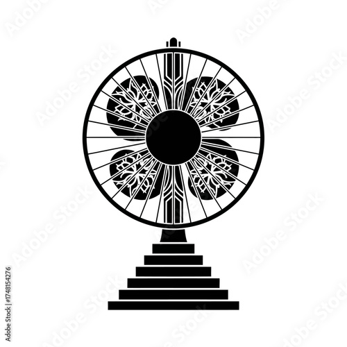 Retro tabletop fan with intricate art deco detailing, a vintage electric appliance