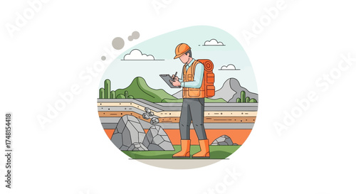Geologist Inspecting Stratified Rock Formations and Geological Surveying the Terrain