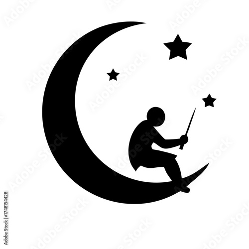 Person sitting on a crescent moon reaching for stars