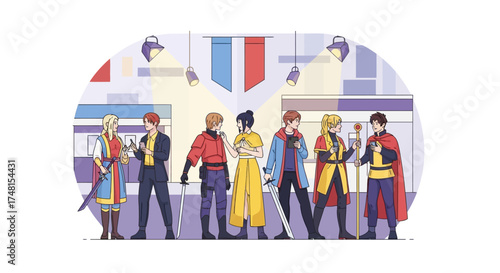 A diverse assembly of fantasy-inspired characters, each with unique attire and weapons, gathered at a vibrant indoor event, blending traditional heroism with modern-day elements and devices