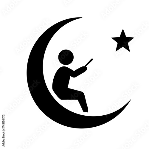 Silhouette of a person sitting on a crescent moon pointing at a star