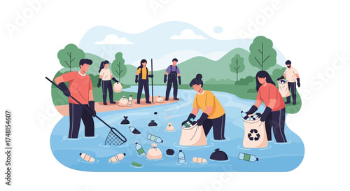 Volunteers working together to clean up a river and protect the environment by removing plastic waste and debris, promoting eco-friendly initiatives