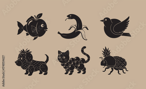 Whimsical silhouettes of animals and fruit hybrids on a textured background