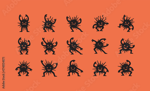 Collection of silhouetted spooky monsters on orange background